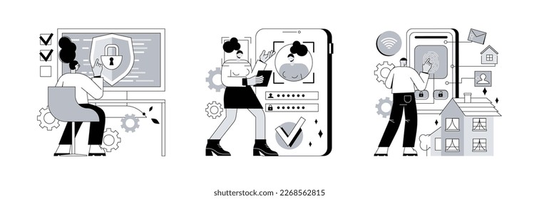 Conjunto de ilustración vectorial de concepto abstracto de seguridad digital. Privacidad de la información, tecnologías de verificación, sistema de control de acceso, acceso a datos, contraseña de usuario, metáfora abstracta de cuentas de medios sociales.