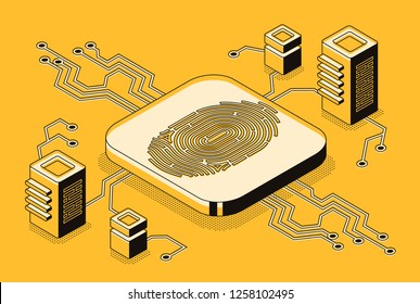 Digital security access with biometrics data isometric vector concept with fingerprint sensor or scanner connected to computers or network servers illustration. Cryptocurrency blockchain technology