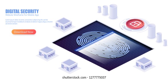 Digital security access with biometrics data isometric vector concept with fingerprint sensor or scanner connected to computers or network servers illustration