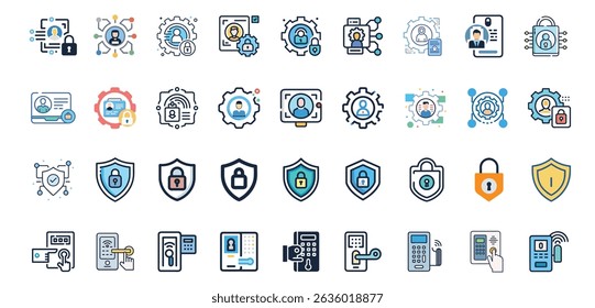 Digital Security and Access Control Icon Set. Biometrics, Login, Password, Firewall, Key Access, Shield Lock, Identity Verification Symbols for Business, App, and System UI