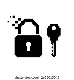 Segurança digital e controle de acesso ilustrado por um cadeado pixelado e ilustração de chave