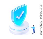 Digital security approval for intelligent access control, verified system protection, and trusted infrastructure with shield authentication, user presence, and interface elements. Vector illustration