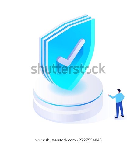 Digital security approval for intelligent access control, verified system protection, and trusted infrastructure with shield authentication, user presence, and interface elements. Vector illustration