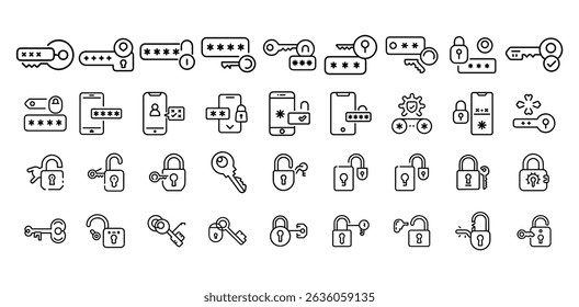 Digital Security and Authentication Icons. Vector EPS Representing Unlock Methods Including Multi Factor Login, Biometric Access, and Password Free Verification