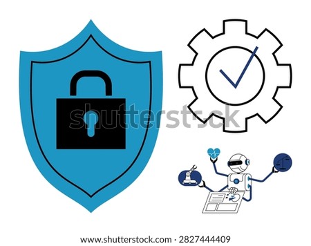 Digital security, authentication processes, AI automation, technology integration, cybersecurity, and compliance. Shield with a lock, gear with checkmark and robot analyzing data. Cybersecurity