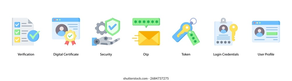 Conceptos básicos de seguridad digital Ilustración vectorial de iconos de Anuncio de Web con verificación, certificado digital, seguridad, OTP, token, credenciales de Inicio de sesión y Perfil de usuario.