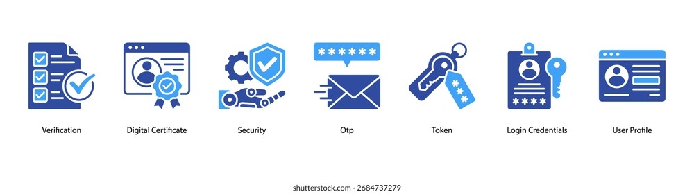 Digital Security Basics ícone de banner da Web ilustração de vetor com verificação, certificado digital, segurança, OTP, token, credenciais de login e perfil do usuário.