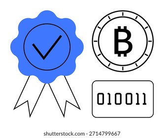 Digital security, blockchain, cryptocurrency, financial technology, data integrity, and certification. Blue checkmark ribbon, Bitcoin logo and binary code. Digital security and blockchain concept