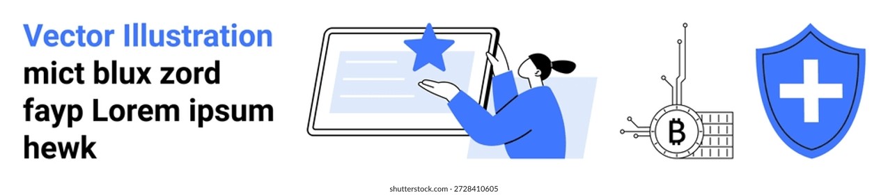 Digital security, blockchain, technology, innovation, data protection, trust. Person interacting with digital interface, blockchain symbol and shield with cross icon. Digital security and blockchain