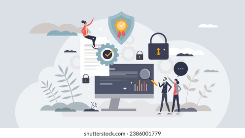 Digital security and business information protection tiny person concept. Web safety with antivirus, firewall, encryption system and safe file access vector illustration. Personal identity data lock.