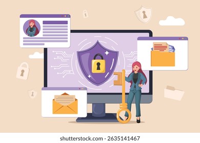 Digital Security: A Businesswoman Holding a Key in Front of a Large Computer Monitor Displaying a Shield and Padlock, Representing Robust Data Protection and Privacy Solutions.