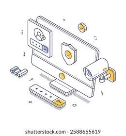 Digital security concept with a computer monitor showcasing user login elements, a camera for monitoring, and security icons. It conveys a focus on cybersecurity. Modern line art vector illustration