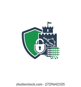 Conceito de segurança digital ícone de escudo gráfico cadeado castelo e gráfico de rede proteção de dados criptografia e forte sistema defesa solução