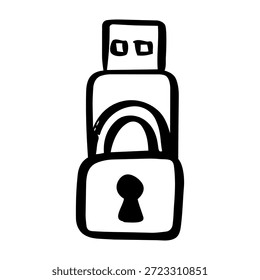 Digitales Sicherheitskonzept, handgezeichnetes Symbol eines USB-Flash-Laufwerks mit Vorhängeschloss.