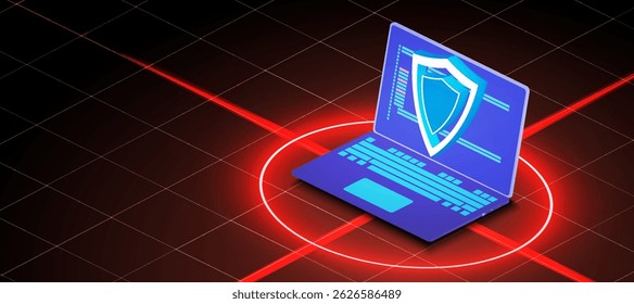 Digital security concept showcases a laptop with a shield on a red target background, highlighting the importance of cyber protection and privacy.