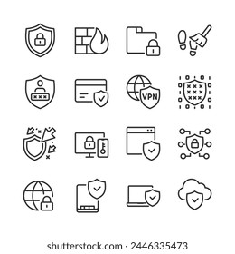 Digital security and cyber hygiene, icon set. Protection against viruses, hacking, data theft, attacks. Firewall, Account Data, Payment Data, Encryption. digital footprint. Line with editable stroke