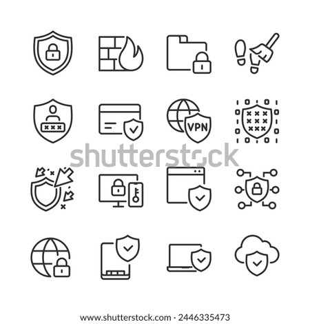 Digital security and cyber hygiene, icon set. Protection against viruses, hacking, data theft, attacks. Firewall, Account Data, Payment Data, Encryption. digital footprint. Line with editable stroke
