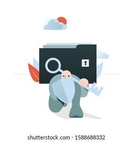 Digital security or data protection or privacy - GDPR policy illustration - person carrying a key while kneeling with shield held up, protecting locked files