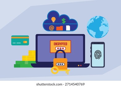 Digital Security and Encrypted Transactions: Protecting Data and Online Finance 2d flat vector illustration