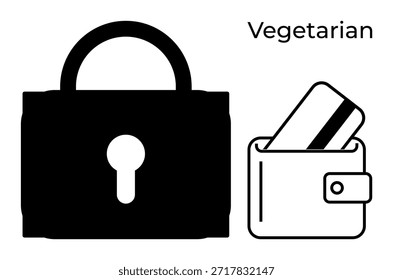 Seguridad digital, transacciones financieras, protección de identidad, seguridad de tarjetas, diseño vegano, minimalista. Cerradura negra, cartera con tarjeta minimalista palabra Vegetariano. Seguridad digital y seguridad de la tarjeta