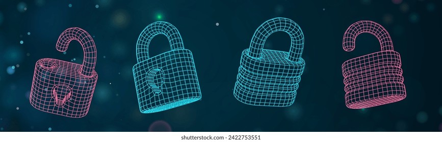 Iconos de seguridad digital Padlock, lock, cyber, wireframe, malla grid, red. Elementos vectoriales azules para la protección en línea. Clave futurista, diseño HUD. Privacidad global para la humanidad. Conjunto de ilustraciones de vector