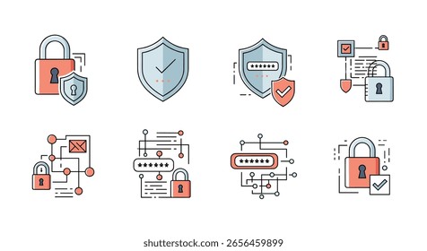 Digital security icons representing data protection and cyber defense strategies for online privacy assurance