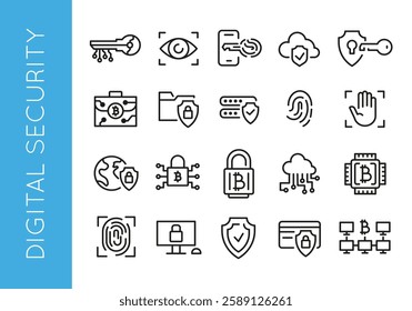 Digital security icons. Set of 20 security trendy minimal icons. Computer, Eye scan, Security camera, Fingerprint icon. Design signs for web page, mobile app, packaging design. Vector illustration