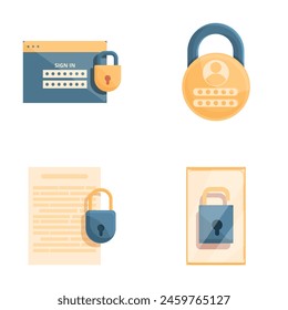 Digital security icons set cartoon vector. Security of personal data. Information technology