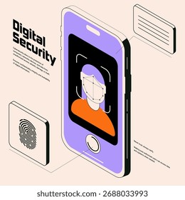 digitale Sicherheitsgrafik mit Gesichtserkennung und Fingerabdruckauthentifizierung auf dem Smartphone