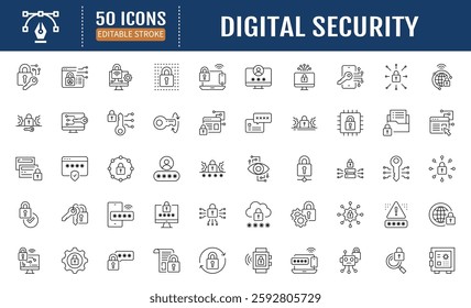 Digital Security Line Editable Icon set. Containing data
protection, secure, security, antivirus, password,
accessibility, phishing, cyber crime, online privacy and
more. Vector Illustration