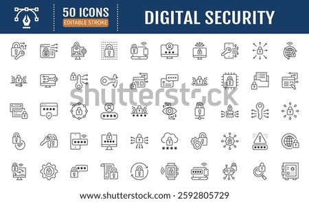 Digital Security Line Editable Icon set. Containing data
protection, secure, security, antivirus, password,
accessibility, phishing, cyber crime, online privacy and
more. Vector Illustration