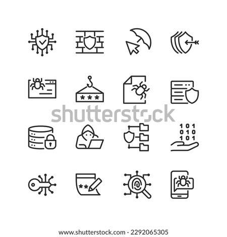 Digital Security, linear style icons set. Security when surfing the Internet, secure data storage. Computer virus, data protection, hacking, secure code, privacy information. Editable stroke width