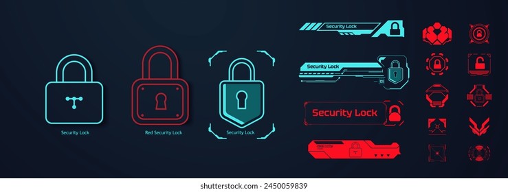 Digital Security Lock Icons Set on Dark Background. Stylized vector set of digital security lock icons glowing in blue and red on a sleek dark background, representing cybersecurity and protection.