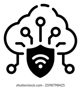 Digital Security: A minimalist illustration symbolizing digital security and cloud computing, featuring a shield, WiFi symbol, and cloud design with intricate circuit elements