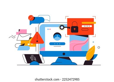 La seguridad digital en la ilustración de los vectores del mundo de la tecnología moderna. Un ordenador con signos de bloqueo y clave junto con el teléfono y más símbolos relacionados con la seguridad.