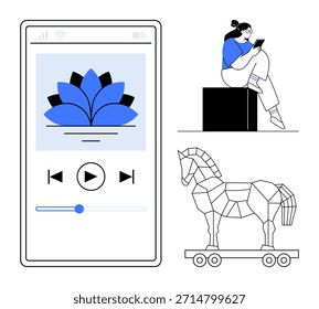 Seguridad digital, multimedia, App, seguridad en línea, interacción humana, tecnología de juegos. Interfaz de App estilizado, persona gráfica del caballo de Troya usando el dispositivo móvil. Concepto de ciberseguridad y multimedia