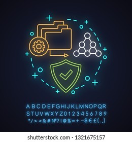 Digital security neon light concept icon. Data protection system idea. Cyber defense. Glowing sign with alphabet, numbers and symbols. Vector isolated illustration