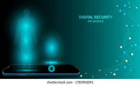 Digital security on mobile, electronic fingerprint on scanning screen. Low poly wire outline geometric vector illustration.