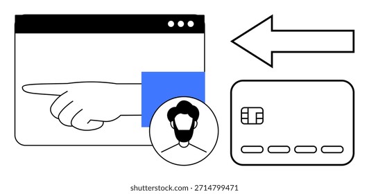 Seguridad digital, pagos en línea, autenticación de identidad, comercio electrónico, perfiles de usuario, verificación de transacciones. Mano apuntando en una pantalla, un ícono de persona y una Imagen de tarjeta de crédito. Seguridad digital
