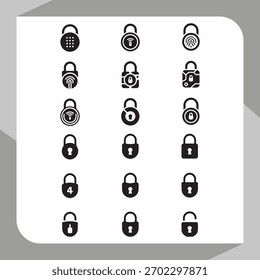 Iconos de candado de seguridad digital con símbolos bloqueados, desbloqueados y conceptuales en blanco