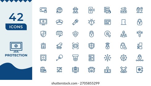 Conjunto de iconos de línea de seguridad y protección digital, concepto de seguridad cibernética.