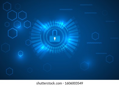 digital security and protection technology. High security while using internet. Padlock safety with key on digital technology abstract background. 