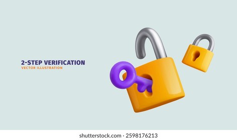 Digital security. Safety, encryption, protection, privacy, data access. Two yellow padlocks with keyhole and key cartoon vector illustration on light abstract background.