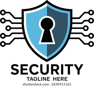Digital security shield illustration with keyhole circuitry for cybersecurity and protection design
