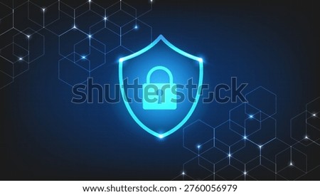Digital security shield and lock icon on a dark blue background with glowing geometric hexagon patterns