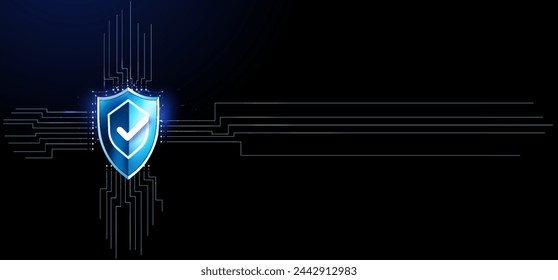 Escudo de seguridad digital: una vibrante ilustración de un escudo azul brillante con una marca de verificación, que simboliza la protección en línea y la ciberseguridad