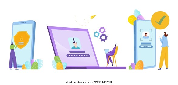 Digital security technology concept, vector illustration, tiny woman character enter password in huge smartphone with shield, internet protection