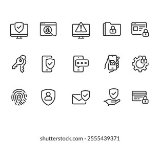 Digital Security - thin line vector icon set. Pixel perfect. Editable stroke. The set contains icons: Security System, Antivirus, Privacy, Fingerprint, Web Page, Password, Support. stock illustration