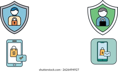Digital Security and User Protection Icon Set – Minimalist Shields, Secure Online Shopping, and Messaging Symbols
