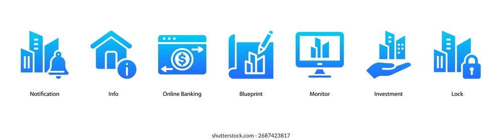 Ilustración vectorial de íconos de Anuncio de Web de Seguridad Digital que incluye notificación, información, banca en línea, plan, supervisión, inversión y bloqueo.